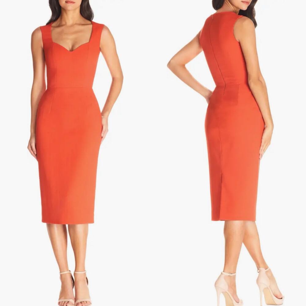 Dress the Population Coral-Orange Square Neck Midi Sheath Dress